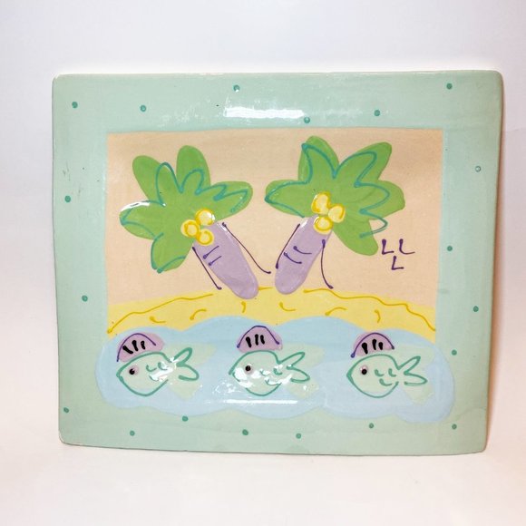 Rectangular Ceramic Decorative Serving Plate Beach Fish Palm Trees hemed - Picture 1 of 6